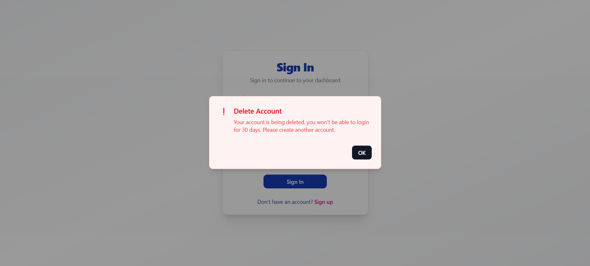 Delete Status Popup